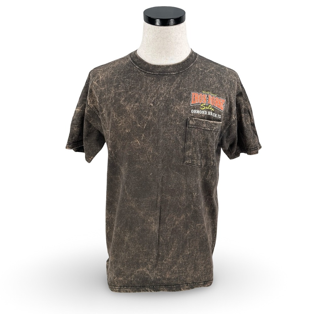 Iron Horse Saloon Ormond Beach FL Brown Acid Wash Biker Pocket T-Shirtโ Mens L